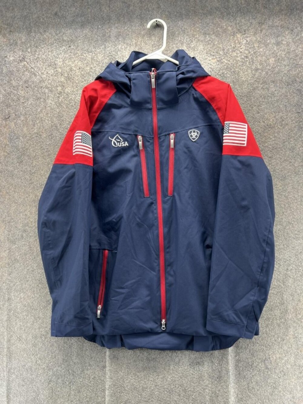 Ariat Jacket Mens Large Blue Hooded Full Zip Team USA Flag Equestrian Riding
